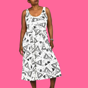 Vintage Champagne West Dress White Black Print Midi Tank Sundress Pockets Small